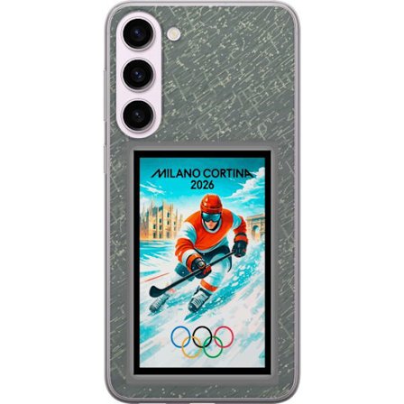 Yhteensopiva Puhelinkuori Samsung Galaxy S23+ Curlingkuvitus pelaajilla ja kivillä jäällä, Milano Cortina 2026, lumisia roiskeita ja olympiasormukset