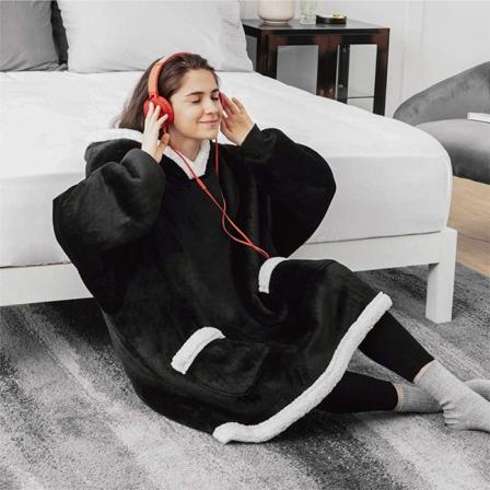 Mjuk komfortfilt Flanell Lazy Hooded Pullover TV Super lång Bekväm Lös Bärbar Sammet Black 113*80CM