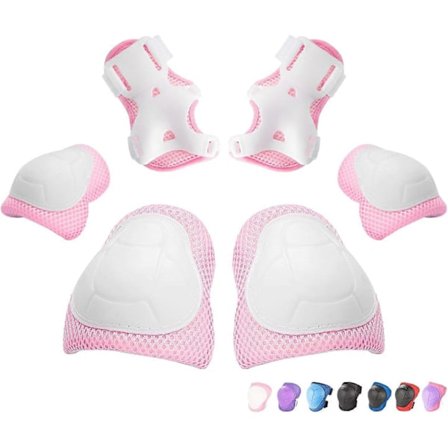 Knebeskyttere/Albuebeskyttere/Håndleddsbeskyttere for barn/ungdom, 3 i 1 Beskyttelsessett for flere utendørssporter, Rosa/Hvit, (S)