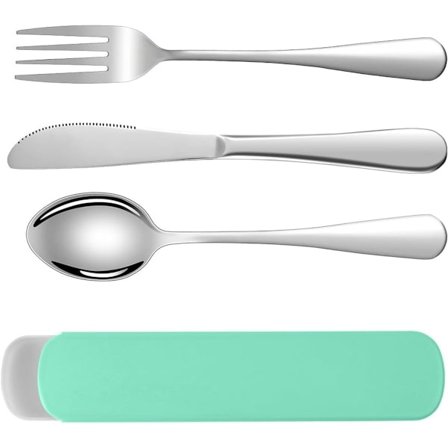 Camping Bestickset, 3 Delars Återanvändbart Bestickset, Portabelt Rostfritt Stål Bestick med Plastlåda, Portabla Köksredskap, för Utomhusresor, Grön