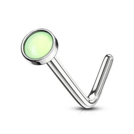 1 L-Näspiercing i 316 stål med "Glow in the dark" Grön sten