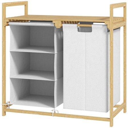 Tvättkorg 4 fack tvättuppsamlare med 2 utdragbara & avtagbara tvättpåsar av fibertyg, hylla 83L tvättlåda med handtag tvättsorterare 70 x 36 x 70 cm b