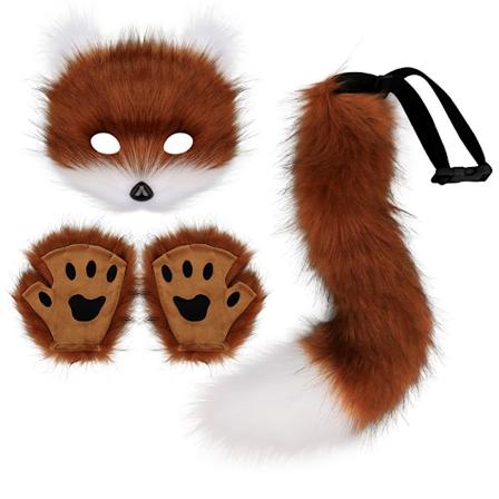 Halloween-kostume simulation rævemaske handsker plys rævehale håndlavet dyrehales kostume rekvisitter tilbehør Red, brown and white three-piece set 