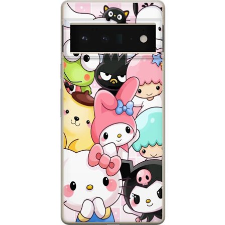 Kompatibelt Mobildeksel til Google Pixel 6 Pro Tett mønster av søte figurer med store øyne i ulike farger og uttrykk med LABUBU-tekst