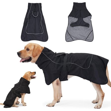 Lämmin heijastava koiran takki turkiskauluksella, pehmeä fleecevuori, musta, koko M, selän pituus 50 cm, koirille 30-40 kg, tuulenpitävä 