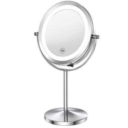 Upplyst smink spegel med ljus och förstoringsglas, 1x/10x förstoring Dubbelsidig LED-spegel 360° roterbar rund spegel