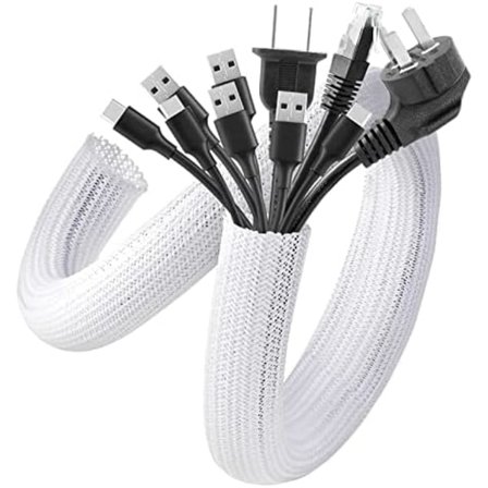 AGPTEK kabelbeskytter, selvlåsende kabelbeskytter, vevd og klippet kabelstrømpe, fleksibel 3m, diameter 12-20mm, gjem på skrivebord, TV, gulv, hvit - 