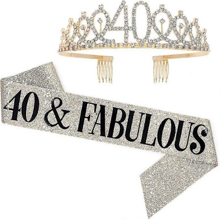 40 og Fabulous Sash & Rhinestone Tiara Sett - 40-årsdag Gaver Bursdag Sash For Kvinner Bursdagsfest Forbruksvarer (gull Glitter Med Svart [DB]