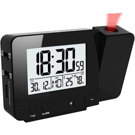 Projektorvekkerklokke, digital alarmklokke, LED-skjerm projektorvekkerklokke med bakgrunnsbelyst slumring, 2 alarmlyder (svart)