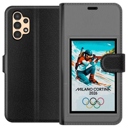 Kompatibelt Lommeboketui til Samsung Galaxy A13 Retroplakat Cortina Milano 2026 med fjell, vintersportsutøvere, italienske trikolor, Milano-katedralen