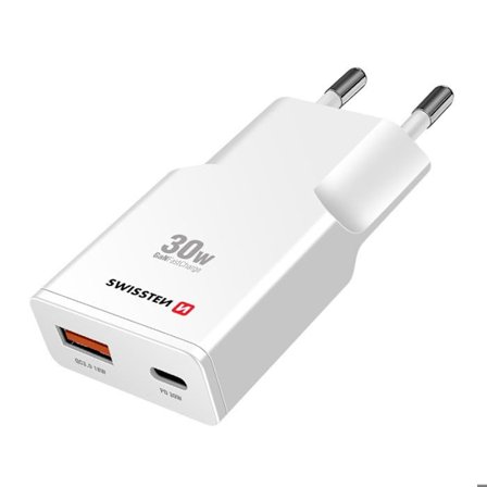 Älypuhelimen/tabletin laturi - SWISSTEN - GaN 30W - USB-C Power Delivery - USB-A Quick Charge - Ultra kompakti