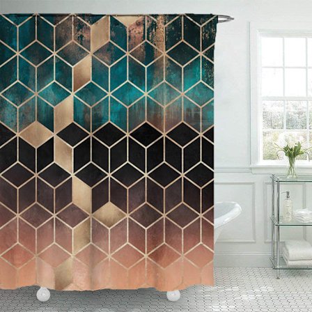 Rosa grön rutig duschdraperi, med 12 plastkrokar