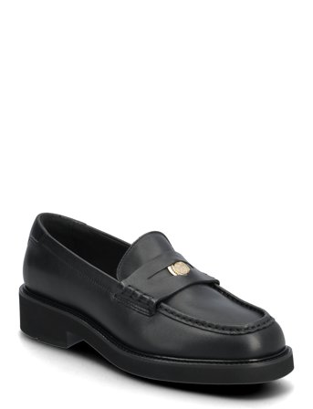Crest Squarish Toe Penny Loafer Shoes Flat Loafers Black Tommy Hilfiger