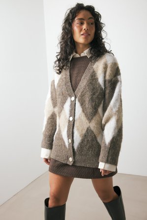 Emmanuelle Koffi x NA-KD Cardigan duveteux à boutons - Pulls Oversize - Brun,CheckeRouge - XS (EU 32)