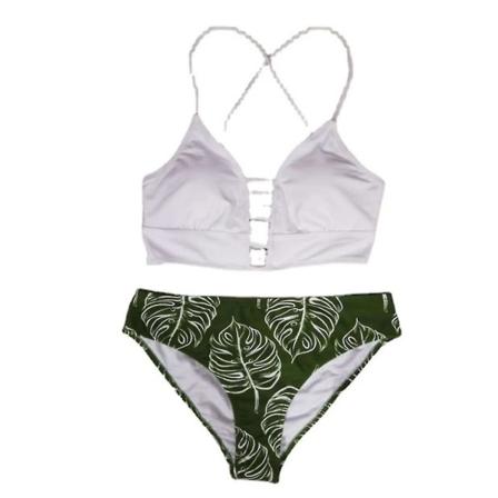 Kvinnors Bikini Baddräkt Blommig Tryck Spets Upp Flera Färger Remmar, Vit+Grön, M White m