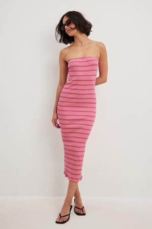 NA-KD Basic Robe tube mi-longue à rayures - Robes bandeau - Rose,Stripe - Large