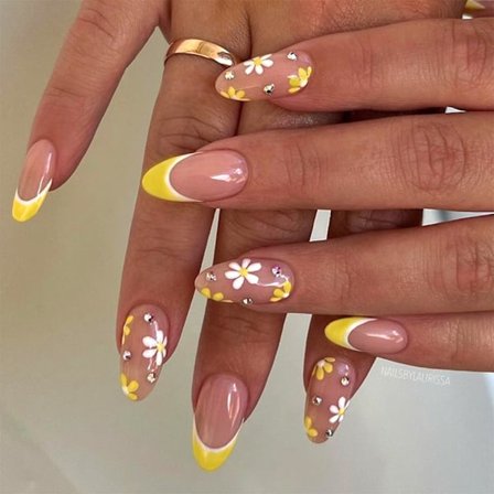 Gula Vita Blommor Press-On Naglar Fransk Spets Strass Falska Naglar Medium Mandel Akryl Lim På Naglar Glänsande Återanvändbara Stick