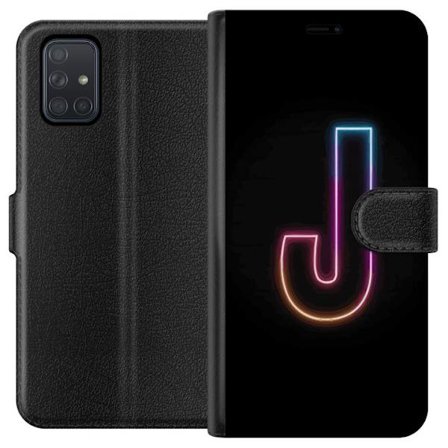 Kompatibelt Lommeboketui til Samsung Samsung Galaxy A71 Minimalistisk neonbokstav J i fargeskiftende lys mot svart bakgrunn