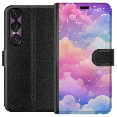 Kompatibelt Lommeboketui til Sony Xperia 1 VII Søt enhjørning med regnbuefarget hår mot en stjernebelagt pastellbakgrunn i kawaii-stil