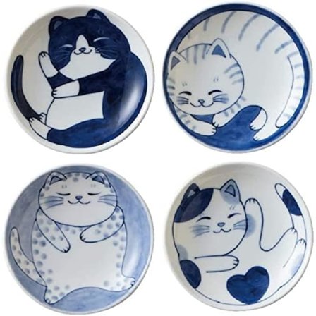Japanskt Litet Tallriksset Keramik Söta Katter Design Förrätt Dessert Sushi Sås Skålar, 10 x 2 cm, Set med 4