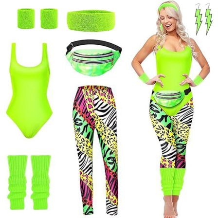 80-talsdräkter Tillbehör för kvinnor Off The Shoulder Toppar Skjortor Neon Leggings med benvärmare