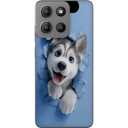 Yhteensopiva Puhelinkuori Motorola Moto G15 Power Söpö husky pentu, jolla on suuret siniset silmät, jotka kurkistavat rikkinäisen seinän läpi pehmeäss
