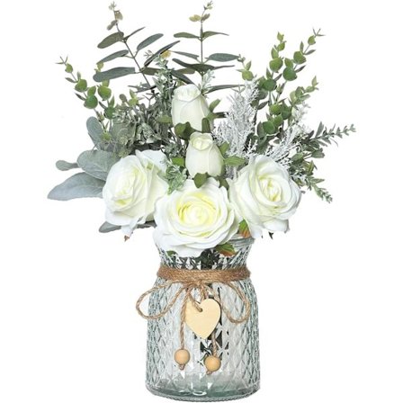 Konstgjorda blommor med vas, artificiella vita rosor i vas, falsk eukalyptusväxt, blomsterarrangemang för bordsdekorationer, babyshower