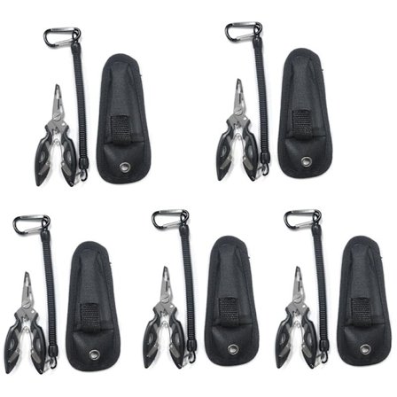 5 stk Multifunksjonelle fiskeverktøy med tang, saks, snørekutter og tilbehør, med nylonpose og svart snor