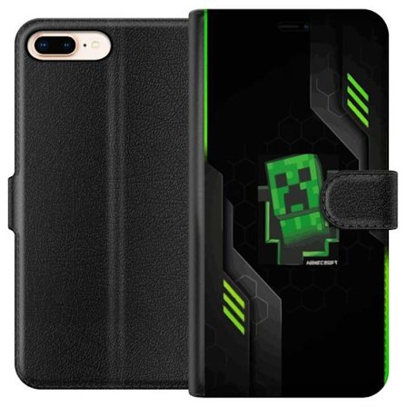 Kompatibelt Plånboksfodral till Apple Apple iPhone 7 Plus Grön pixelbaserad creeperliknande spelillustration med futuriska neoninslag och mörk tech