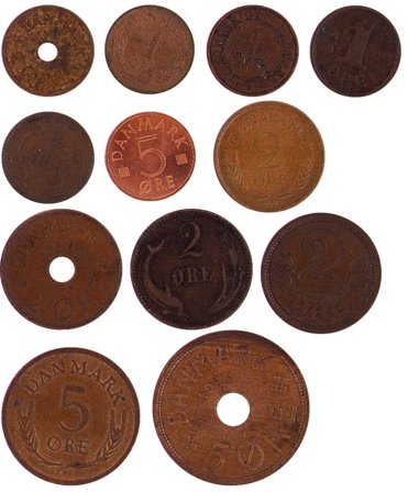 Danmark - 12 forskellige danske bronze-mønter
