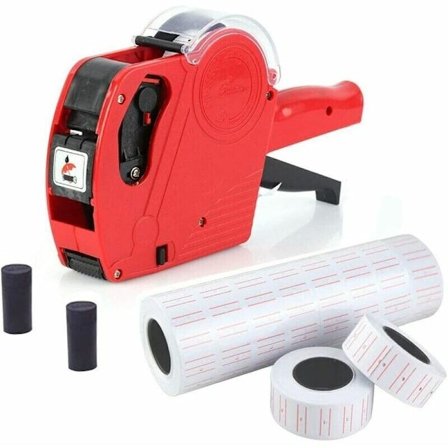 Etikett, Etikettpistol 1 linje 8 tegn Prismerkepistolsett med 10 etikettruller og 2 blekkpatroner.