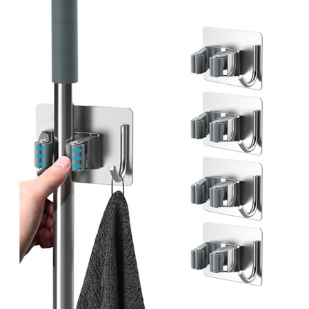 Mop ja luuta pidike, 4 kpl ruostumatonta terästä itseliimautuva moppiteline seinälle kiinnitettävä koukuilla Ripustin itseliimautuva luuta pidike (