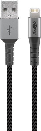 Goobay Lightning to USB A Textile cable with metal plugs (Space gray / silver) 1 m, 1 m, black-grey - elegant and extra-robust Connection cable for