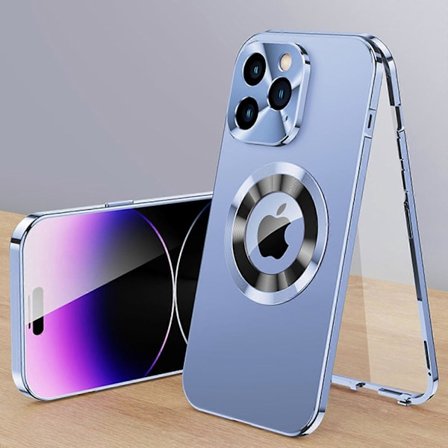 Magnetisk etui til iPhone 15 Plus, front- og bagsidebeskyttelse ultratynd hærdet glas skærmbeskytter med sikkerhedslås