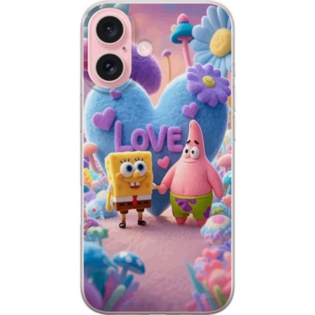 Kompatibelt Mobildeksel til Apple Apple iPhone 16 Svampbob og Patrik kjærlighet pastell design med fargerike hjerter, blomster og positiv energi