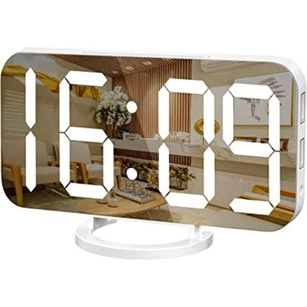Digital Alarm Clock, Stor LED-skjerm med speil, med USB-lading