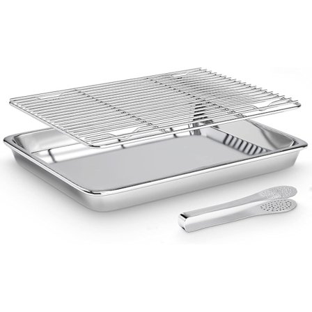 Bageplade med rist i rustfrit stål, rektangulær stegepande med køkkentang til grill, 40x30x2,5CM