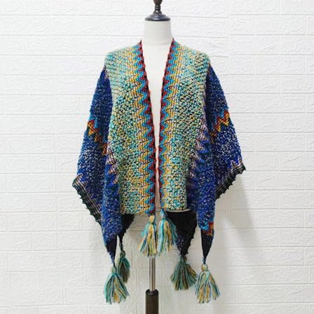 Mongolsk Poncho Cardigan Tassel Sjal MØRKEBLÅT