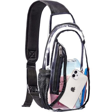 Stadiongodkänd PVC Crossbody, Clear Casual Chest Daypack-väska för vandring eller konserter, svart