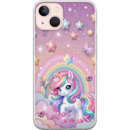 Kompatibel Mobilcover til Apple iPhone 13 mini Magisk enhjørning med regnbue manke, stjerner og sommerfugle mod en pastelfarvet himmel med skyer