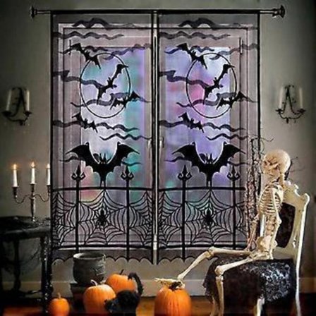 2 kpl Halloween-verhot, musta lepakko, Halloween-pitsiverhot Halloween-ikkunakoristeisiin