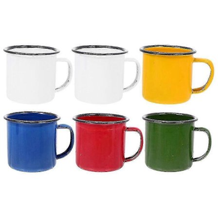 6 stk. Retro Emaljekrus - Farvede Tykke Kaffe Mælkekopper