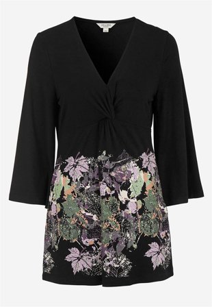 Cellbes of Sweden - V-udskåret tunika med snoet rynkedetalje i sort / mønstret til damer i størrelse 38/40
