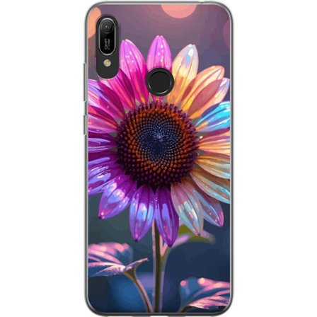Kompatibelt Mobildeksel til Huawei Y6 (2019) Irideserende blomst med glitrende kronblad i rosa lilla og gull mot myk bokeh bakgrunn