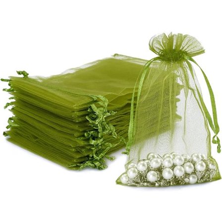 100 stk. Olivengrønne Organza Gaveposer Medium 10 x 15 cm Snørestropp Smykkeposer Bryllupsfest Favoritt og Godteposer