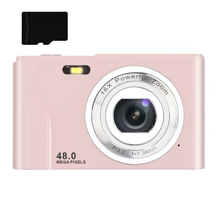 INF Digitalkamera 48 MP, 1080p FHD, 16x zoom, 32GB minnekort Rosa