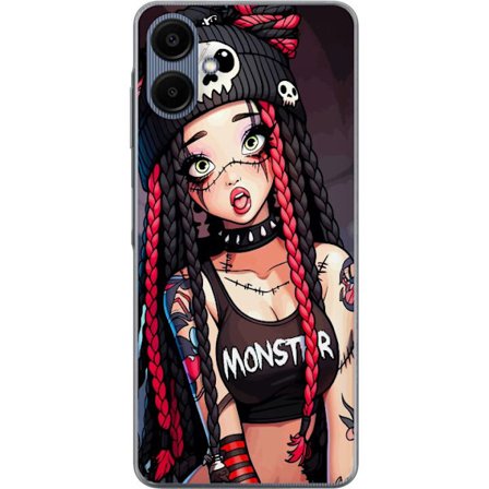 Kompatibelt Gjennomsiktig deksel til Samsung Galaxy A06 Gotisk monsterjente illustrasjon med flettet hår, skallelue og punk stil fargerikt mørkt kun