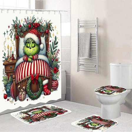 2025 Grön Monster Grinch Duschdraperi Set med 12 Krokar Polyester Vattentätt Duschdraperi