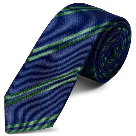 Green Twin Stripe Navy Silk 6cm Tie for Men - Patterned Ties
