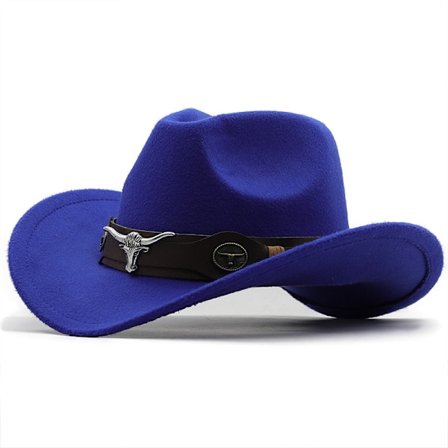 Cowboyhat til børn, drenge og piger, Western Hat, Filt Hat, Jazz Fedora, Cowboyhat med bælte (Safirblå)